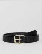 Asos Slim Belt In Black Faux Leather And Double Gold Keeper - Black