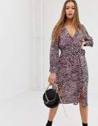 Boohoo Tie Waist Wrap Midi Dress With Split Detail In Pink Zebra - Multi