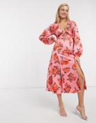 Asos Design Satin Midi Dress With Splits In Rose Floral-multi
