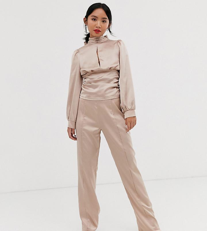 Outrageous Fortune Petite Wide Leg Satin Pants In Mocha - Cream