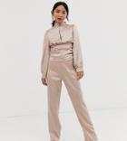 Outrageous Fortune Petite Wide Leg Satin Pants In Mocha - Cream