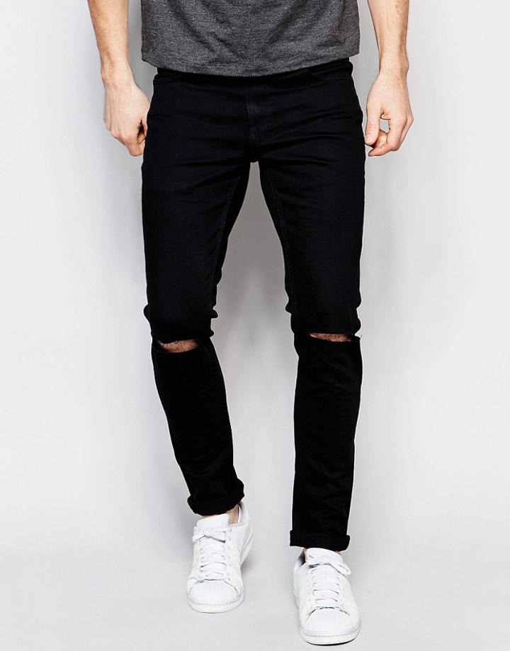 Only & Sons Black Jeans In Super Skinny Fit With Knee Rips - Black