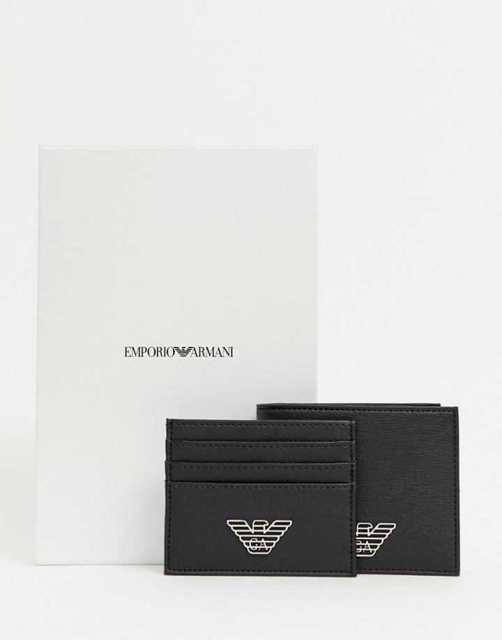Emporio Armani Plaque Logo Wallet And Card Holder Gift Box Set In Black - Black