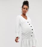 Asos Design Maternity Button Through Long Sleeve Mini Dress-white