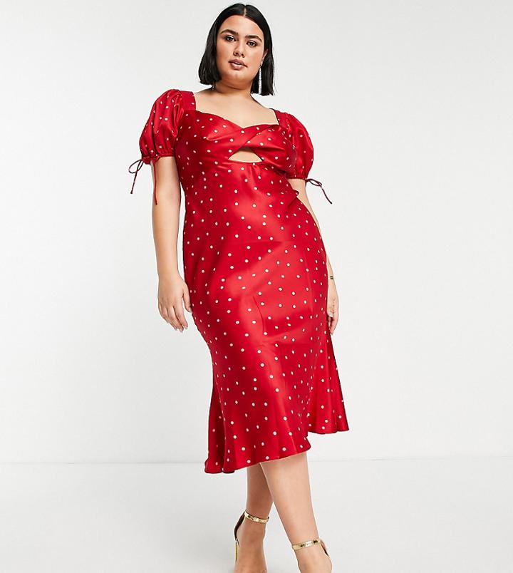 Asos Design Curve Satin Midi Tea Dress With Twist Front In Spot Print-multi