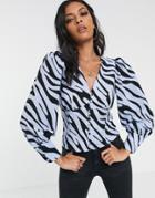Glamorous Tea Blouse With Puff Shoulders In Vintage Zebra-blue