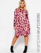 Asos Curve Long Sleeve Swing Dress In Blurred Floral Pansy Print - Multi