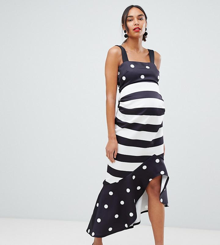 True Violet Maternity Scuba Square Neck Frill Midi Dress In Monochrome Print Mash Up - Multi