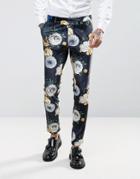 Asos Super Skinny Suit Pants In Navy Velvet With Bright Floral Print - Navy