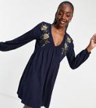 Asos Design Tall Mini Dress With Floral Embroidery Detail In Navy