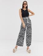 Asos Design Textured Wide Leg Pants With Paperbag Waist And Rope Belt In Zebra Print - Multi