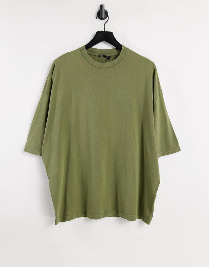 Asos Design Oversized T-shirt With Acid Wash In Khaki Organic Cotton-green