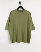 Asos Design Oversized T-shirt With Acid Wash In Khaki Organic Cotton-green