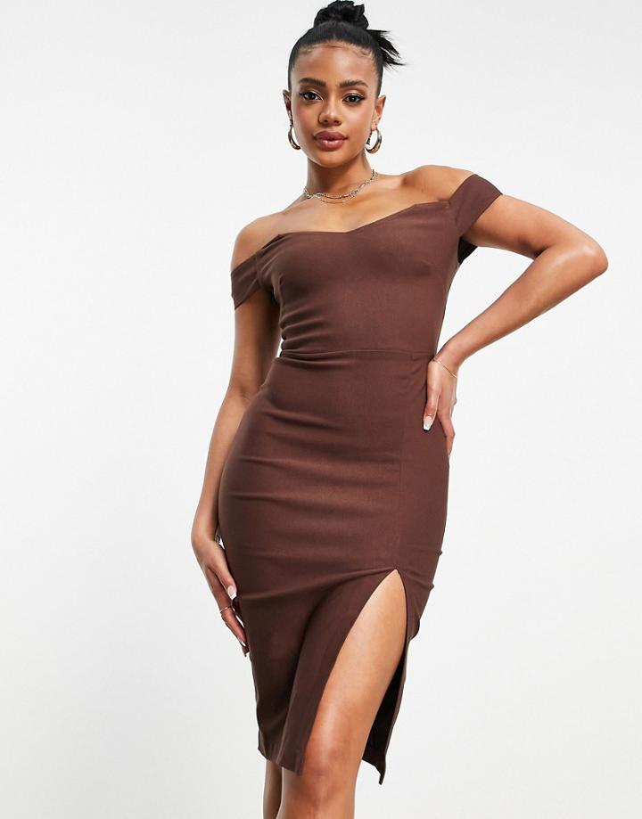 Vesper Bardot Body-conscious Dress With Thigh Split In Brown