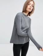 Vila Ribbed Long Sleeve Top With Slit Open Back - Gray
