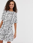Asos Design Tiered Mini Dress In Mono Leopard Print-multi