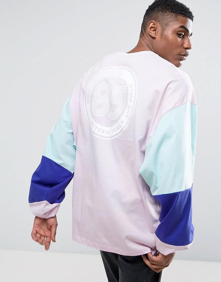 Asos Super Oversized Batwing Long Sleeve T-shirt With Cut And Sew Panels And Retro Print - Purple
