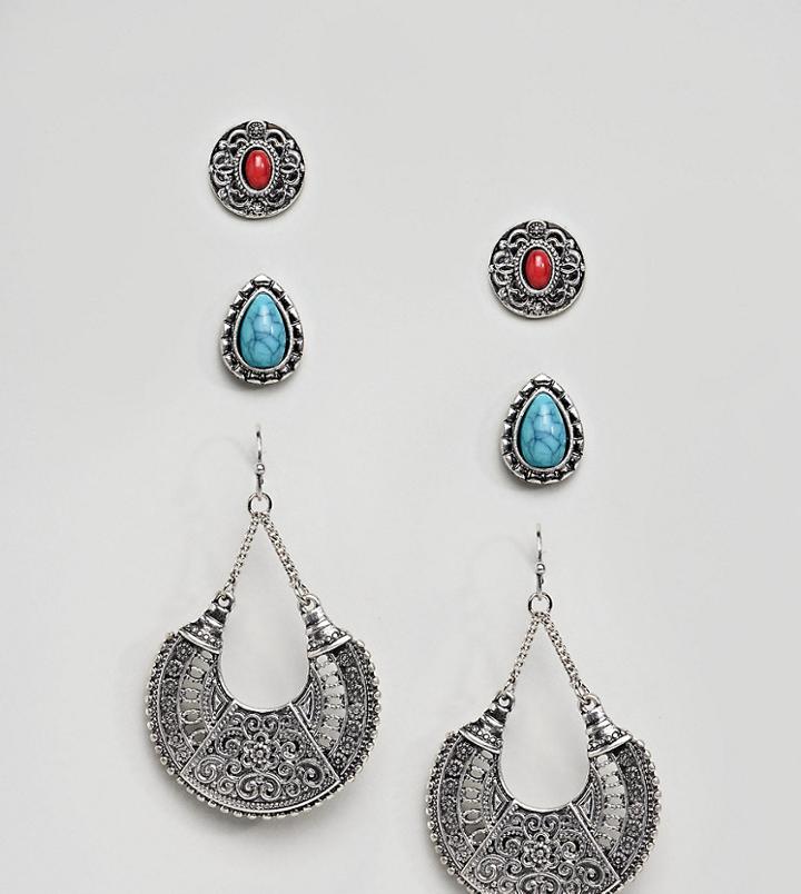 Asos Design Pack Of 3 Stone Stud And Cut Out Drop Earrings - Silver