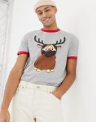 Asos Design Holidays T-shirt With Pug Reindeer Print - Gray