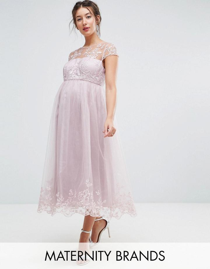 Chi Chi London Maternity Premium Lace Midi Prom Dress With Lace Neck - Brown