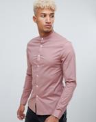 Asos Design Skinny Shirt In Dusty Pink With Grandad Collar - Pink