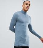 Asos Design Tall Muscle Fit Long Sleeve T-shirt With Roll Neck In Blue - Blue