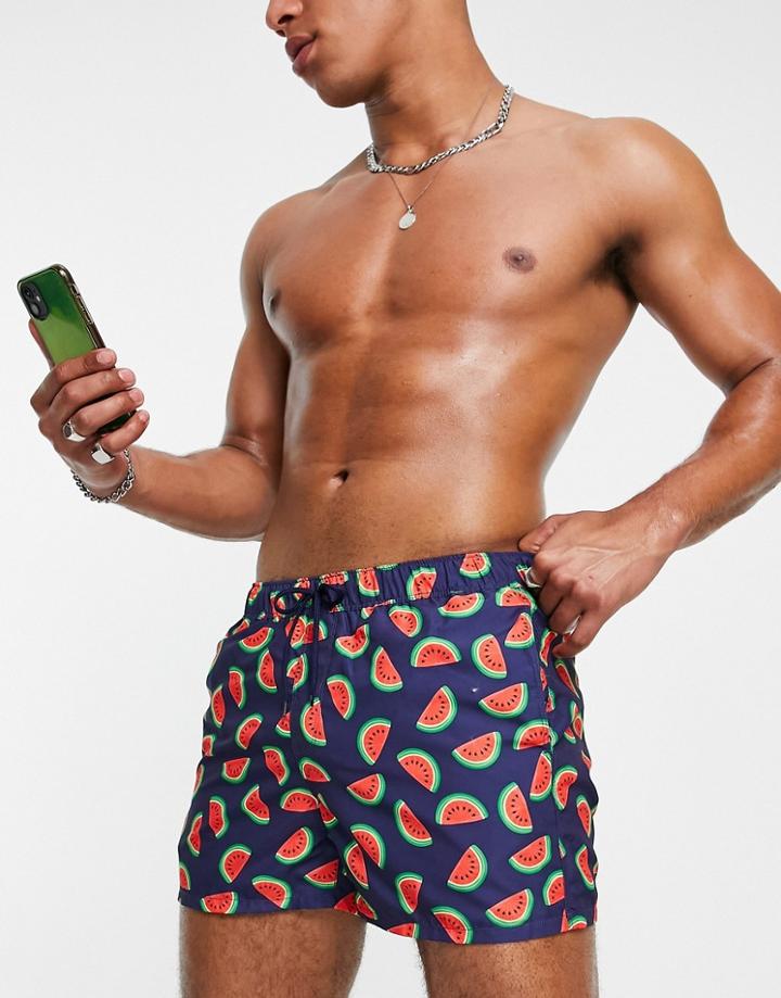 Asos Design Swim Shorts With Watermelon Short Length-navy