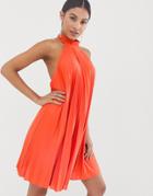 Asos Design Backless Halter Pleated Mini Dress-orange