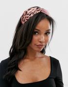 Asos Design Twist Headband In Blush Pink Satin And Animal Print - Pink