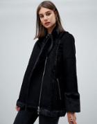 Religion Spell Faux Fur Aviator Jacket - Black