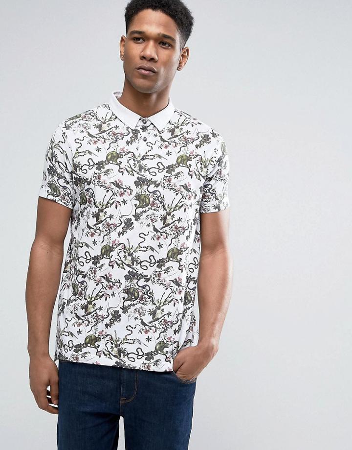 Brave Soul All Over Monkey Print Polo Shirt - White