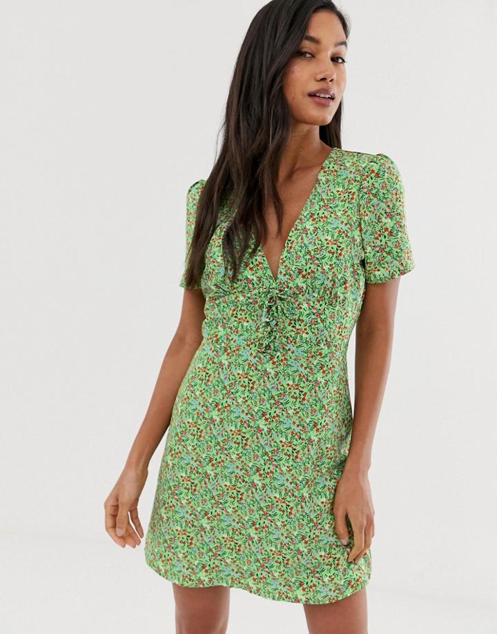 Fashion Union Tie Front Mini Dress In Ditsy Floral-green