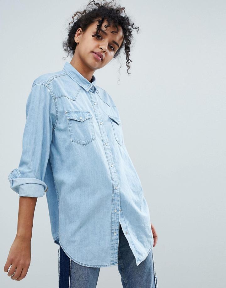 Monki Washed Out Denim Shirt - Blue