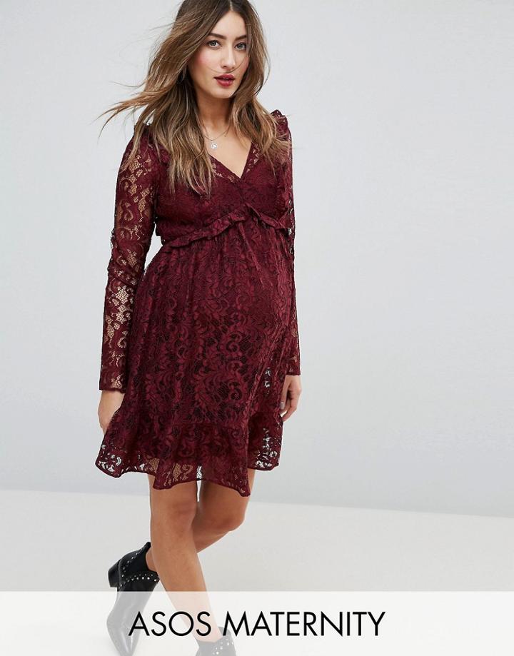Asos Maternity Lace Smock Mini Dress With Ruffles - Red