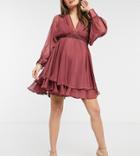 Asos Design Maternity Mini Dress With Smocked Satin Waist And Lace-up Back Detail-red