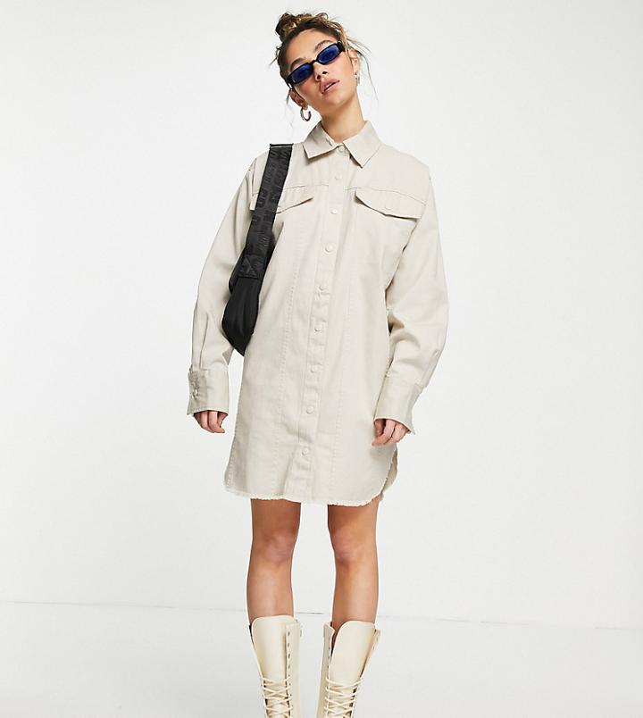 Collusion Frayed Hem Mini Shirt Dress In Beige-neutral
