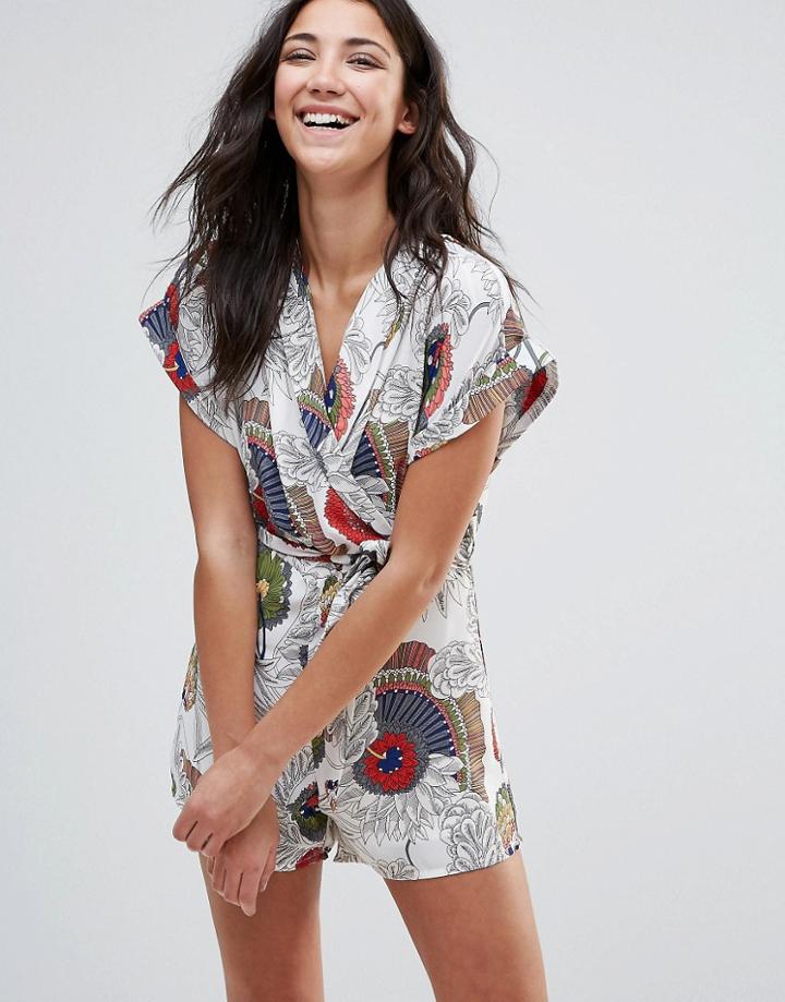 Love & Other Things Belted Printed Romper - Cream