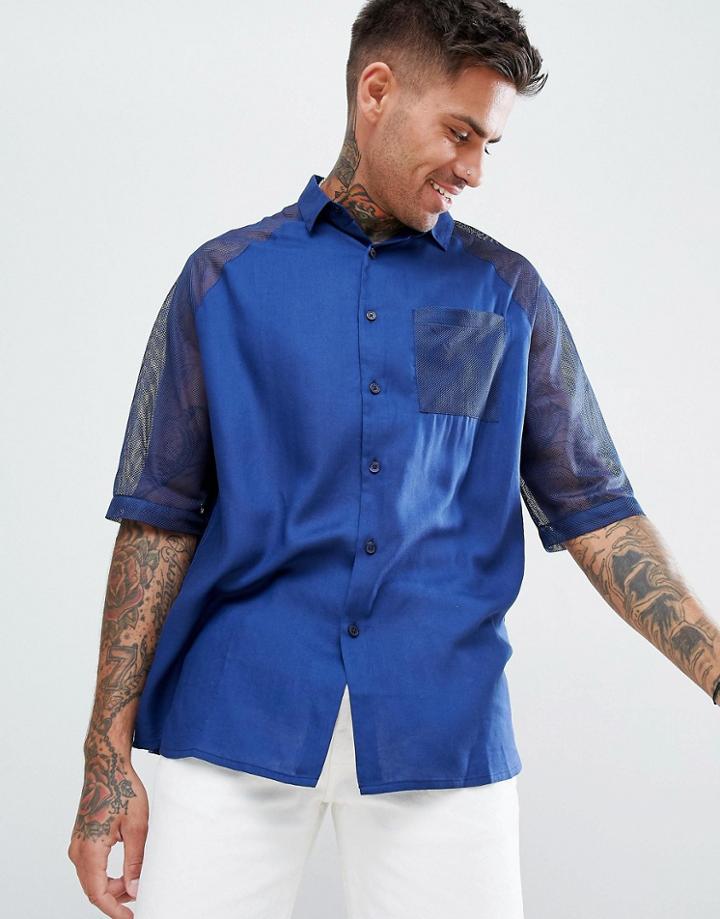 Asos Design Oversized Viscose Shirt With Mesh Sleeves - Blue