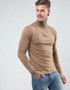 Asos Half Zip Cotton Sweater In Tan - Tan