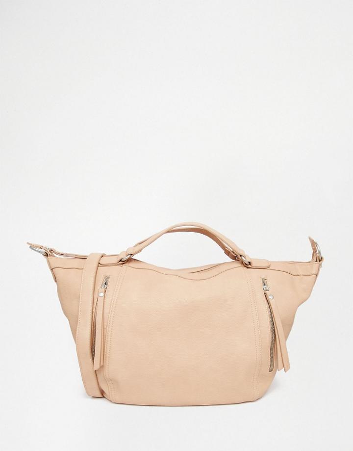Pieces Winged Tote Bag With Zip Detail In Nude - Nude
