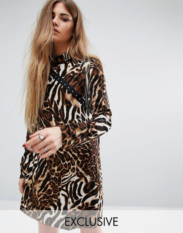 Reclaimed Vintage High Neck Dress With Hook And Eye Detail In Leopard