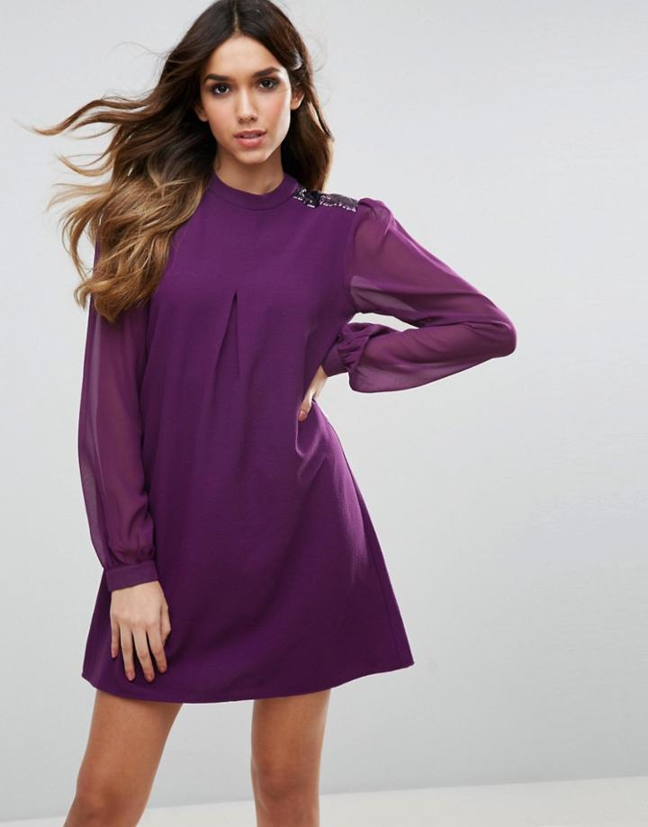 Traffic People Long Sleeve Shift Dress - Purple