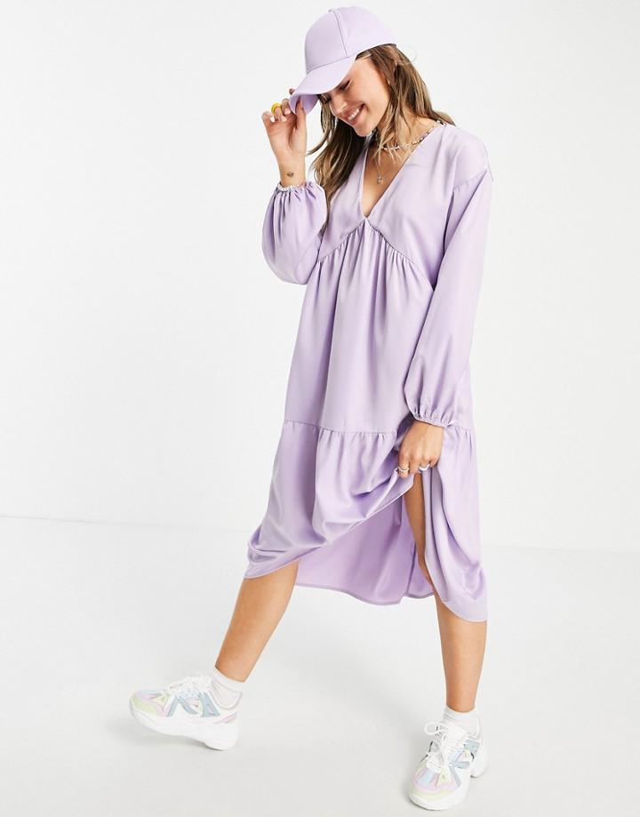 Lola May V Neck Mini Smock Dress In Lilac-purple
