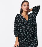 Asos Design Petite Mini Smock Dress With Collar In Black And Blue Floral