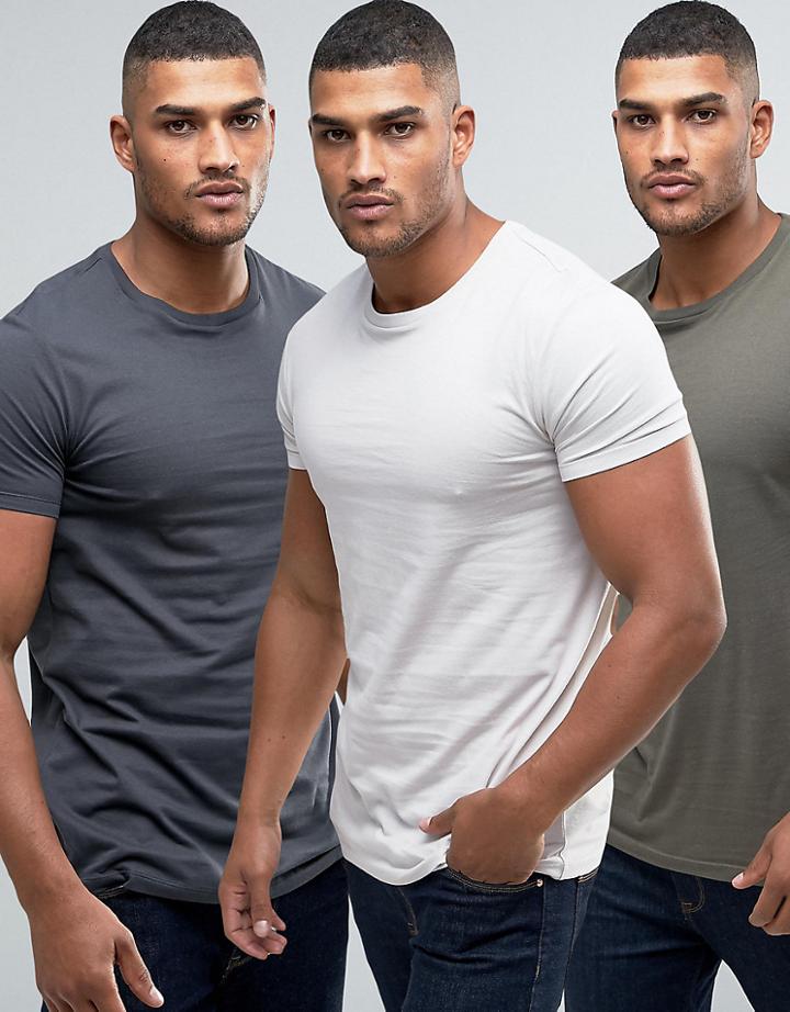 Asos 3 Pack Longline T-shirt In Washed Black/off White/green Save - Multi