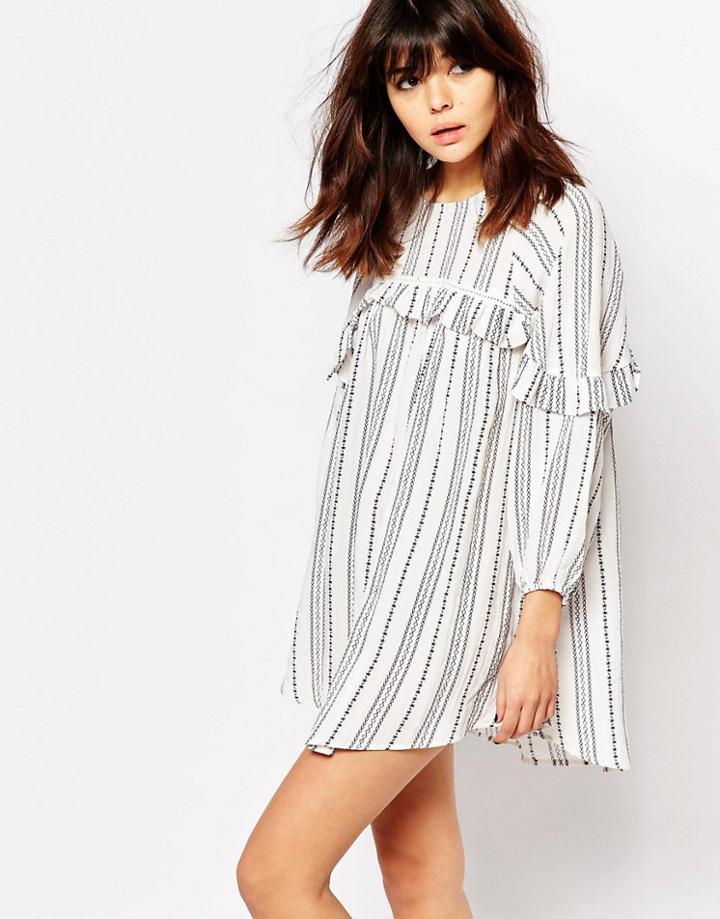 I Love Friday Smock Dress With Ruffle Trims In Spotted Stripe - White