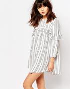 I Love Friday Smock Dress With Ruffle Trims In Spotted Stripe - White