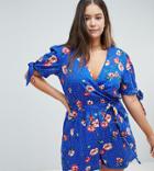 Influence Plus Polka Dot & Floral Romper With Tie Sleeves - Blue