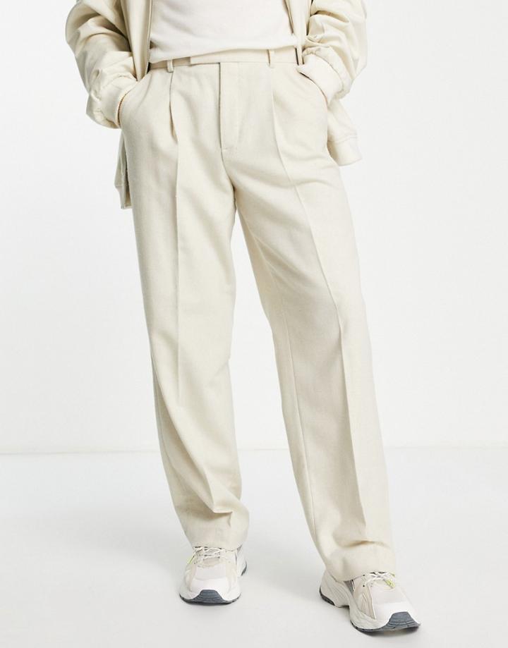 Asos Design Wide Wool Mix Herringbone Smart Pants In Ecru-neutral