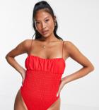 Asos Design Petite Shirred Body Swimsuit In Red